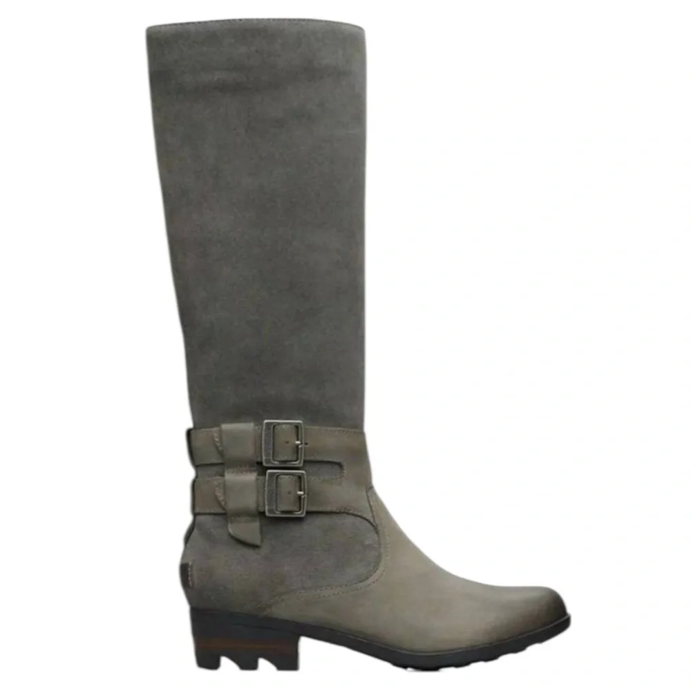 Sorel Lolla II Tall Quarry Gray Suede Knee High Double Buckle Zip Up Heel Boots